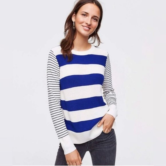 LOFT Sweaters - Loft Blue & White Striped Crew Neck Sweater